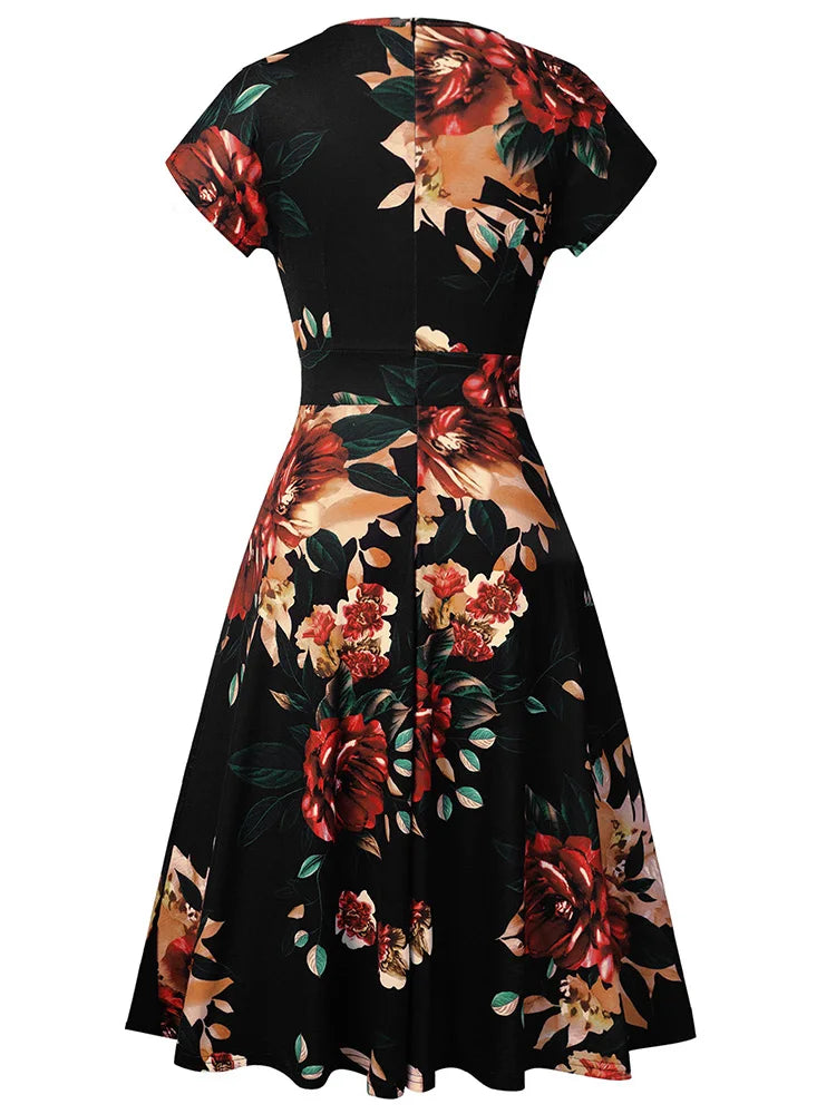 Nice-forever Vintage Elegante Blumen Druck Plissee Rundhals vestidos A-Line Pinup Business Party Frauen Flare Swing Kleid A102