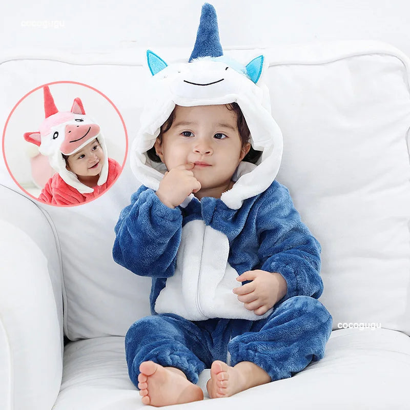 Blau rosa Einhorn Stram pler Baby Boy Mädchen Pyjama bebe Kleidung niedlichen Bodys Flanell warme einteilige Winter Halloween Tier Outfit