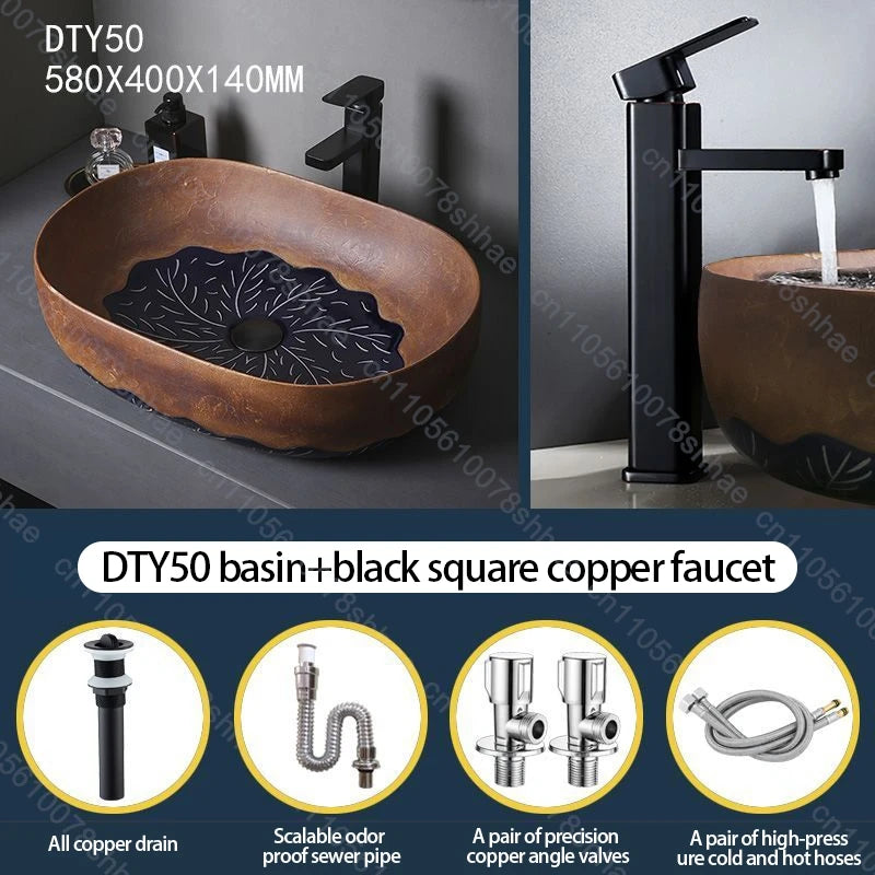 Vintage-Keramik-Waschbecken, ovales Badezimmer, künstlerisches Waschbecken über der Theke, Waschbecken für Badezimmer, Waschtisch, Aufsatzwaschbecken