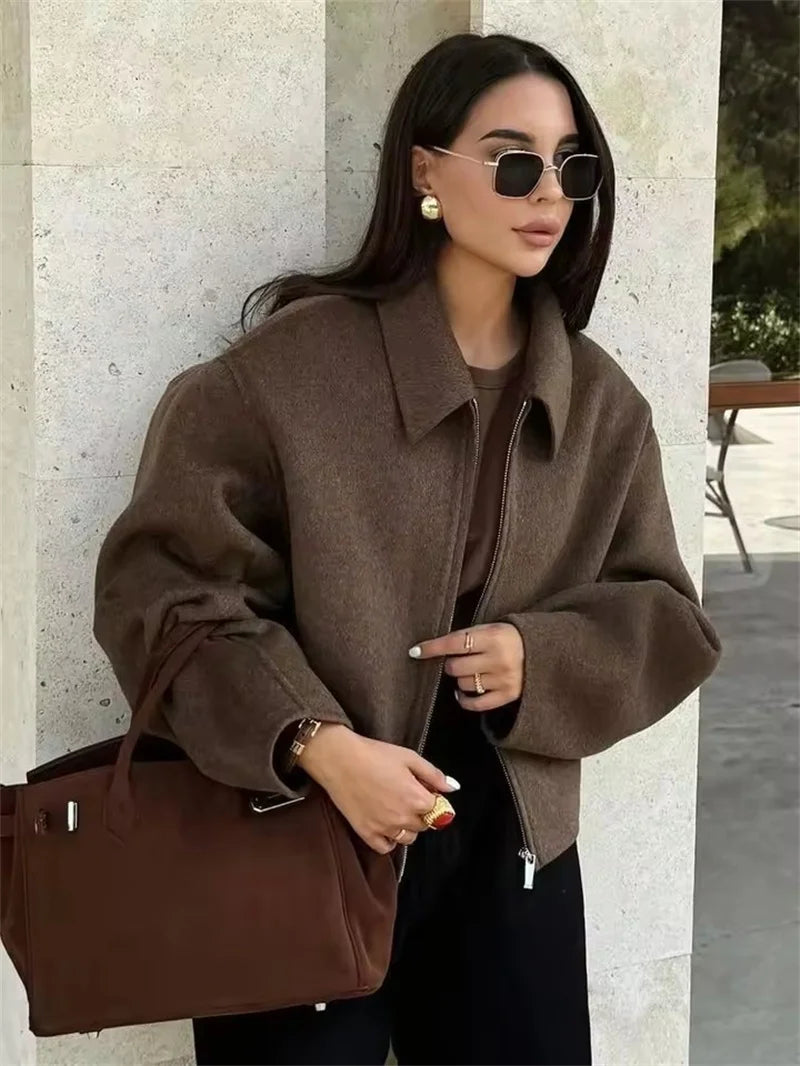 Mode Braun Zipper Woolen Jacke Für Frauen Elegante Revers Langarm Kurze Mäntel Weibliche Vintage Herbst Dame Straße Oberbekleidung