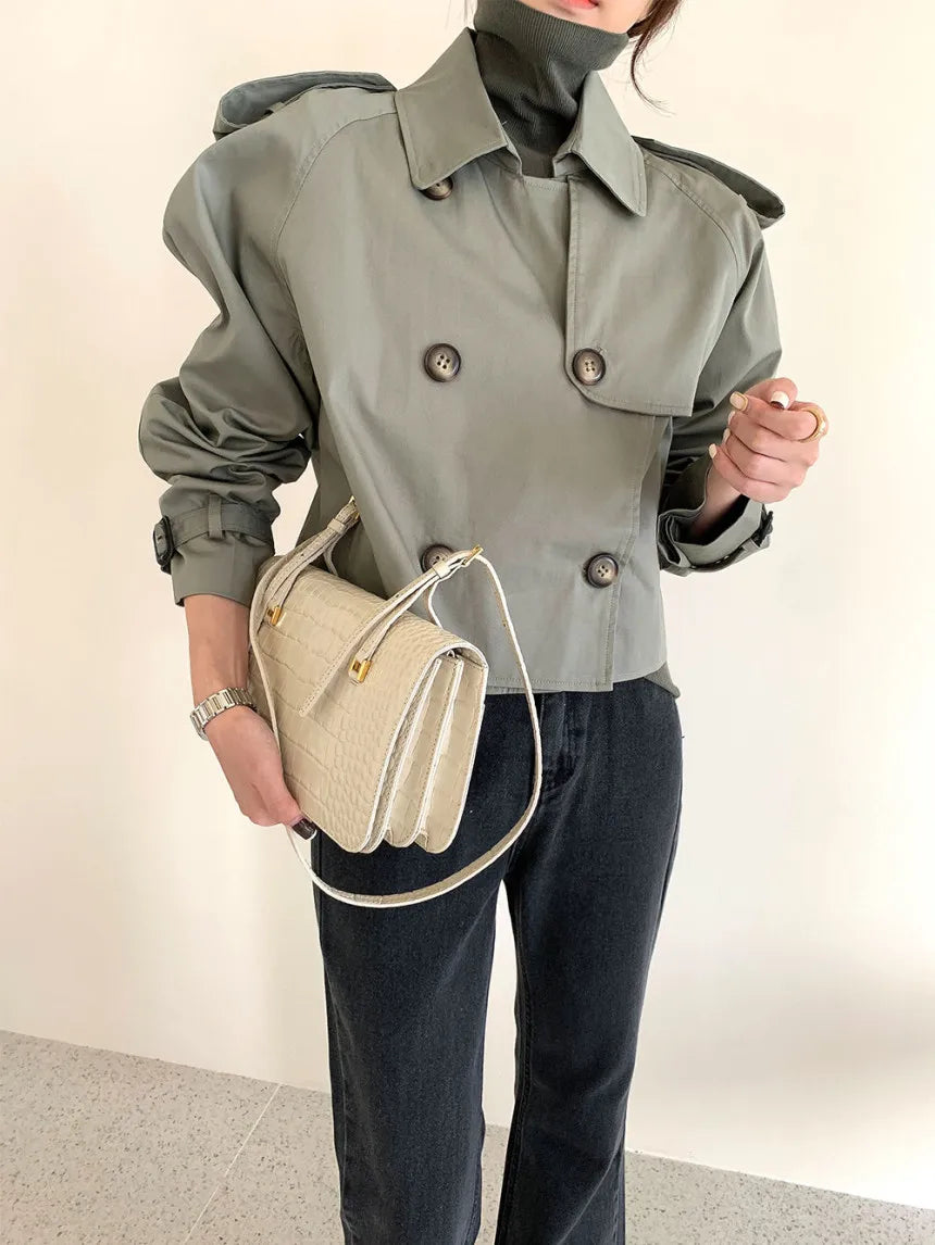 Vintage Zweireiher Graben Jacken Frauen Lose Chic Büro Dame Crop Tops Herbst Weibliche Mäntel Alle-spiel Lose Windjacke