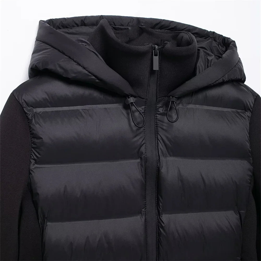 ZBZA Damenmode mit Kapuze, Neopren-Effekt, gespleißter, wattierter Jacke, hoher Kragen, lange Ärmel, verstellbare Kapuze, lässig, schmale Passform, warmer Mantel, Herbst/Winter, neue schicke Damen-Oberbekleidung