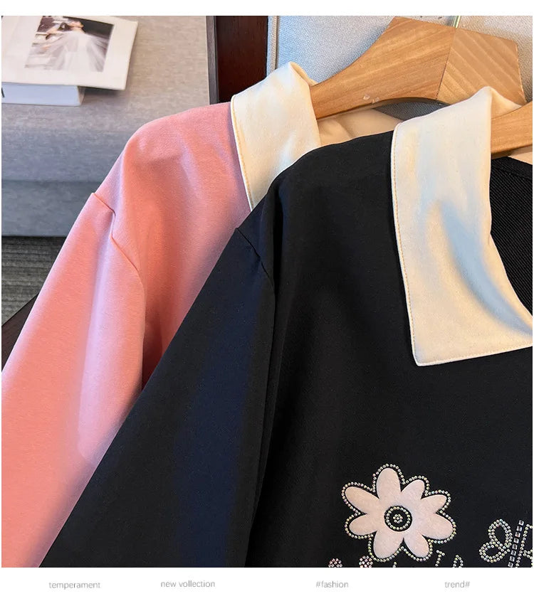 175kg plus size Damen büste Frühling Herbst lose Kragen bedruckt Langarm Sweatshirt schwarz rosa 4xl 5xl 6xl 7xl 8xl 9xl