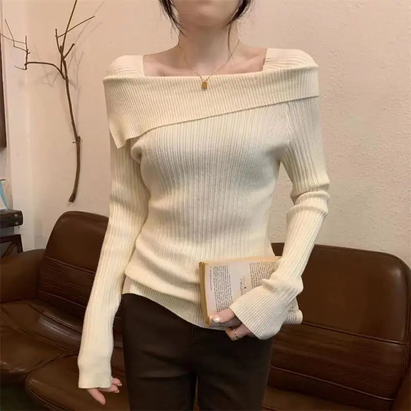 Solide Sexy Schlank Off Schulter Slash Neck Langarm Stricken Pullover Frauen Jumper Büro Mode Neue