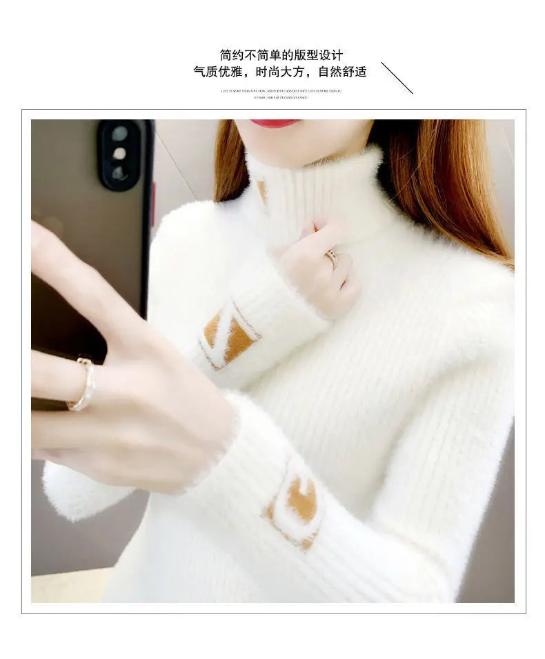 Hoher Kragen Pullover Pullover Frauen Nerz Brief Jacquard Unterlage Solide Western Stricken Unterwolle Herbst Winter Pullover Pullover