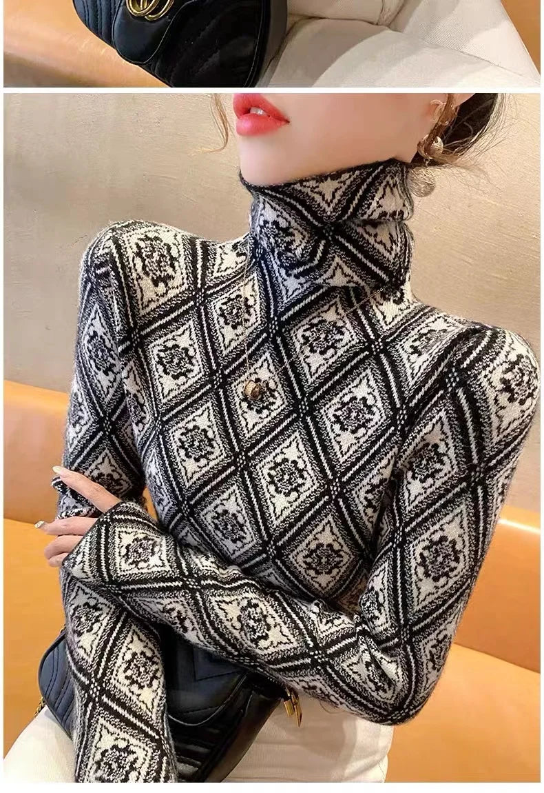 Frauen Kleidung Mode Rollkragen Argyle Stricken Pullover Herbst Winter Elegante Chic Schlanke Langarm Pullover Büro Dame Y2K Top