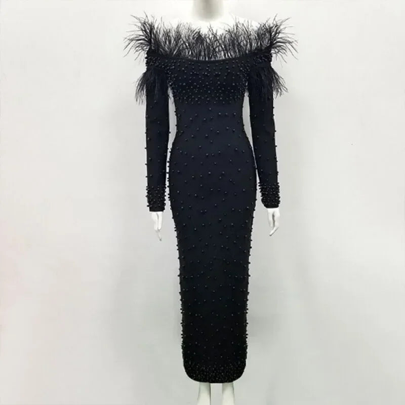 Perlen Scheide sexy Kleid Frauen sexy Slash Kragen Bodycon Midi-Kleid solide hohe Taille Trend schulter freie Scheide Party kleider