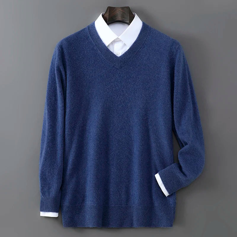 2025 Autumn Winter New Men's Wool Sweater Solid Color V-Neck Pullover Sweater Casual Loose Business Knit Plus Size Base Sweaters