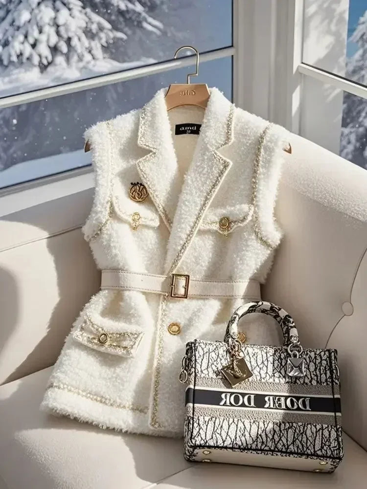 Frankreich Elegante Taille Gürtel Weiß Lamm Wolle Jacke Ärmellose Blazer Frauen Weste Formale Büro Dame Koreanische Mode Oberbekleidung