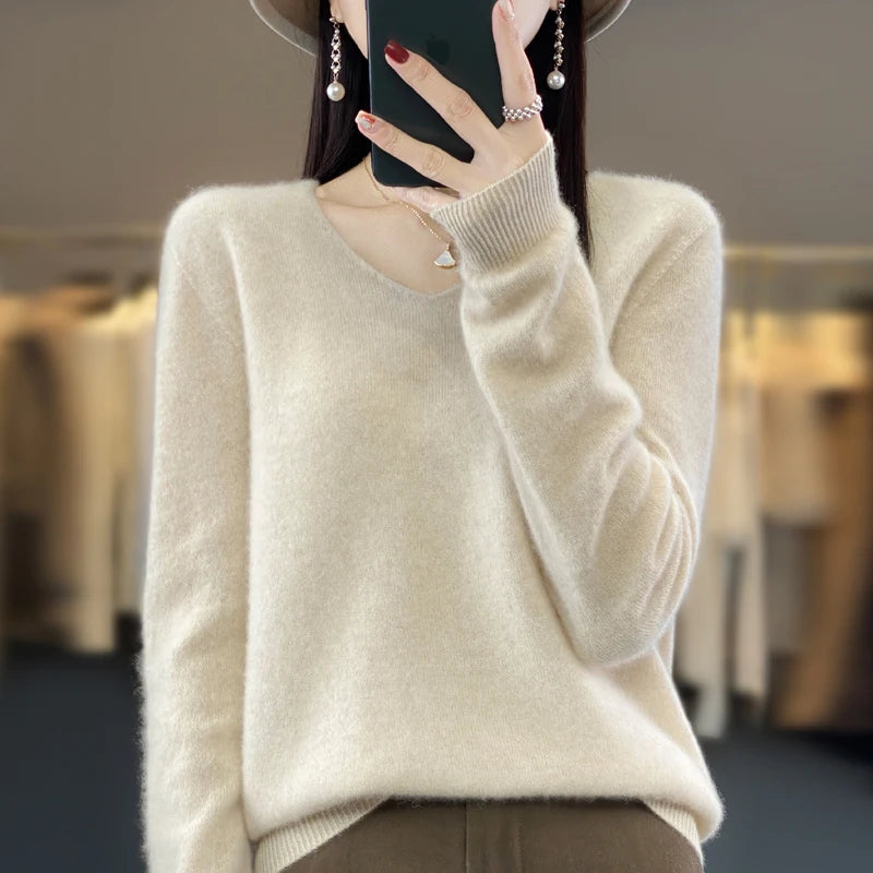 2024 100% Merino Reine Wolle V-ausschnitt Herbst Und Winter Pullover Pullover Neue Kaschmir Pullover frauen Beiläufige Gestrickte Top DMR201