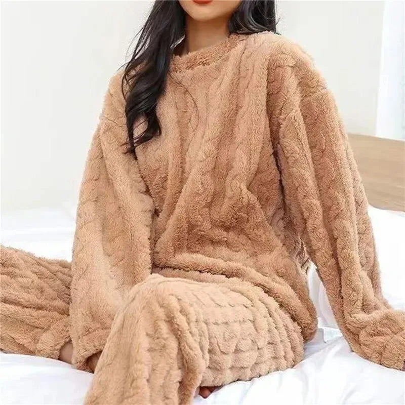 Warmes Pyjama-Set aus weichem Korallensamt-Jacquard für Damen, gemütliche Loungewear-Oberbekleidung für den Winter, Weihnachten, Geschenk für den Schulanfang 