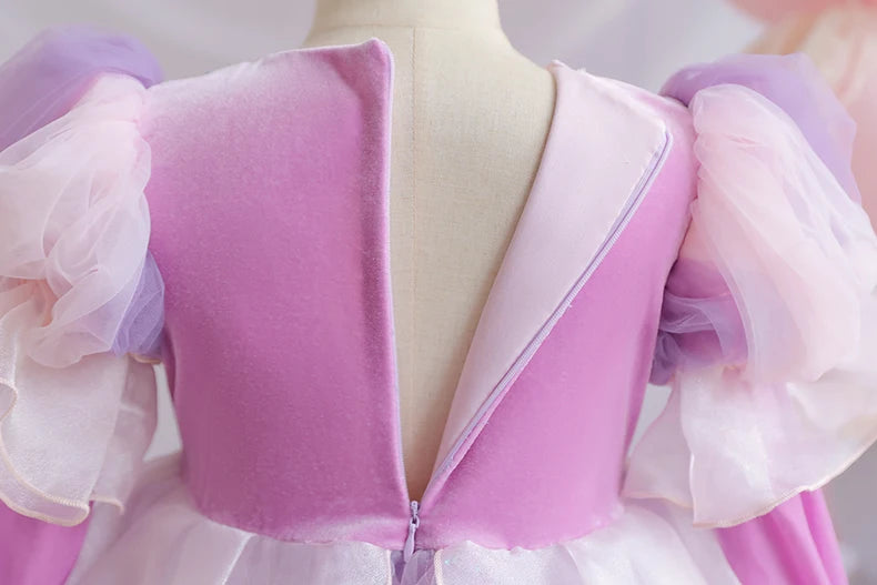 Wunderschönes Mädchenkleid, Puffärmel + lange Ärmel, Netzbedeckung, geeignet für Tänze, Partys, Auftritte, Host-Verkleidung