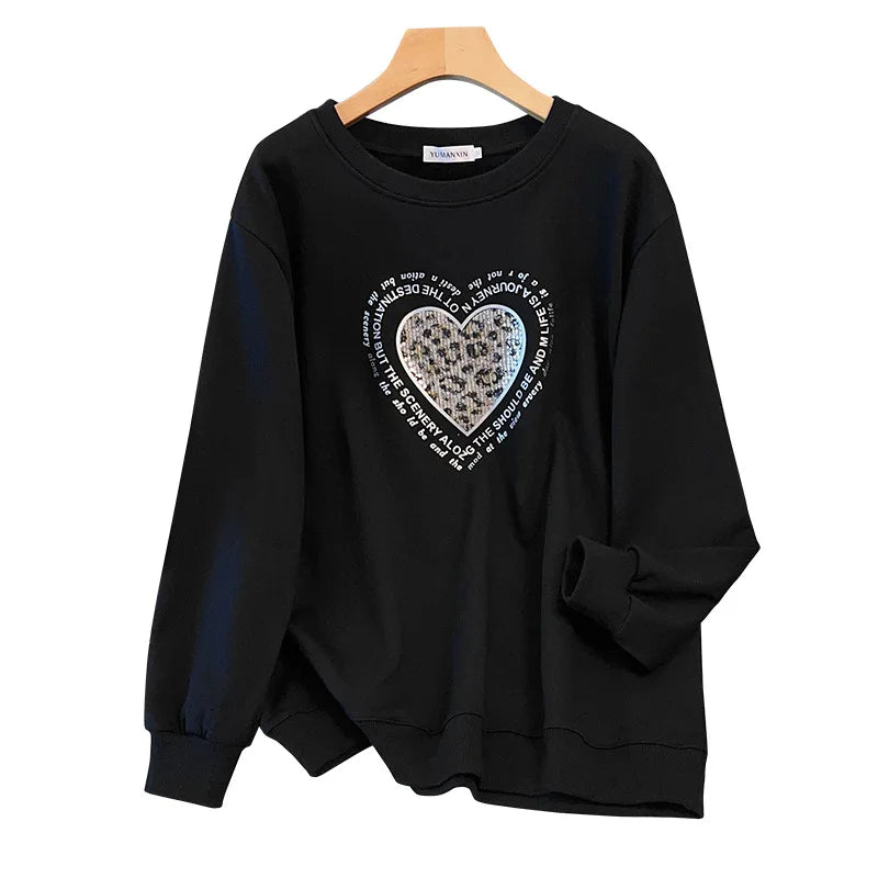 175 kg Plus Size Damen Büste 170 Frühling Herbst Lose Rundhals Langarm Bedrucktes Sweatshirt Schwarz Rosa 5XL 6XL 7XL 8XL 9XL