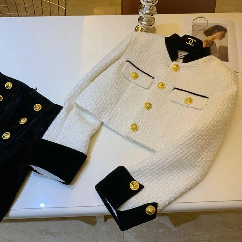 Mode Nähen Tweed Kurze Jacke Frauen Herbst Winter Elegante Büro Dame Mantel Y2K Koreanische O Neck Einreiher Crop Outwear