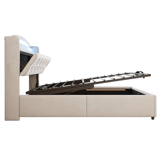 KOMHTOM Kinder Polsterbett 90x200 cm Samt Einzelbett, Multifunktionsbett mit Stauraum, LED und USB