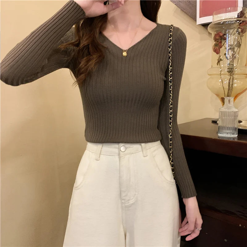 2025 einfarbig Schlank Pullover Koreanische Herbst Winter V-ausschnitt Pullover Mode Lässig Langarm Gestrickte Pullover Frauen Kleidung
