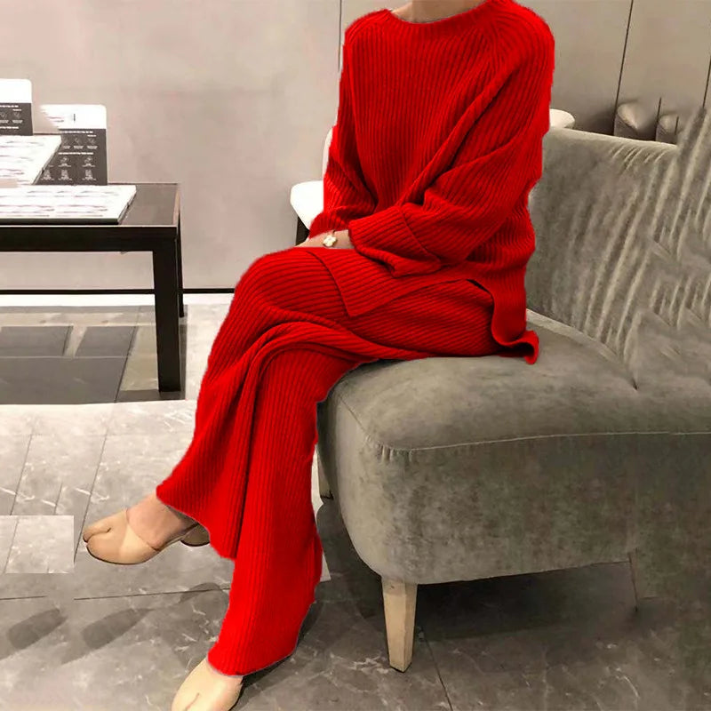 2024 Autumn Winter New Women's Fashion Fashionable Age Reducing Two Piece Pants Knitted Sweater Straight Leg Pants Set For Women