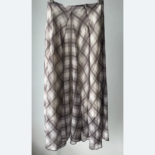 Flowing Check Midi Skirt 2025 Spring Summer New Retro Long Skirt Seaside Holiday Casual Brown Women Clothing.