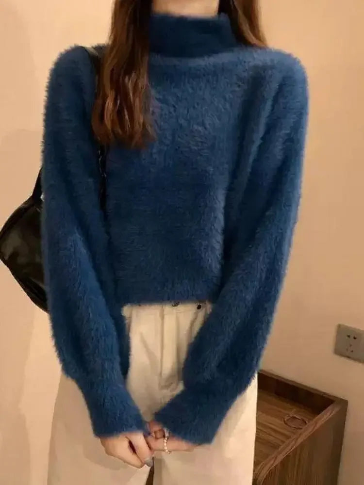 2025 frauen Gestrickte Tops Winter Imitieren Nerz Wolle Heißer Fleece Weibliche Rollkragen Elastische Beiläufige Pullover Weiche Warme Pullover