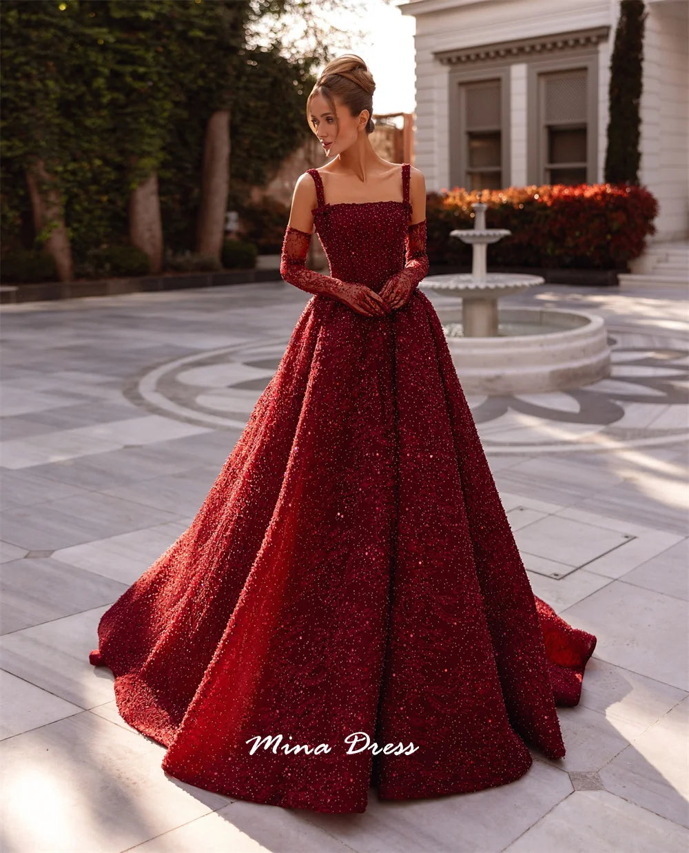 Mina Maßgeschneiderte Perlen, luxuriöse Damen-Abendkleider für besondere Anlässe, quadratischer Führer, rückenlang, Party, elegante Frau, Abschlussball