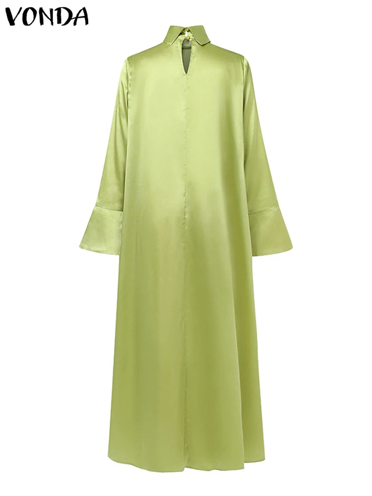 VONDA Frauen Böhmischen Lange Maxi Kleid 2024, Elegante Langarm Hohe Kragen Roben Casual Einfarbig Vestidos Vintage Sommerkleid