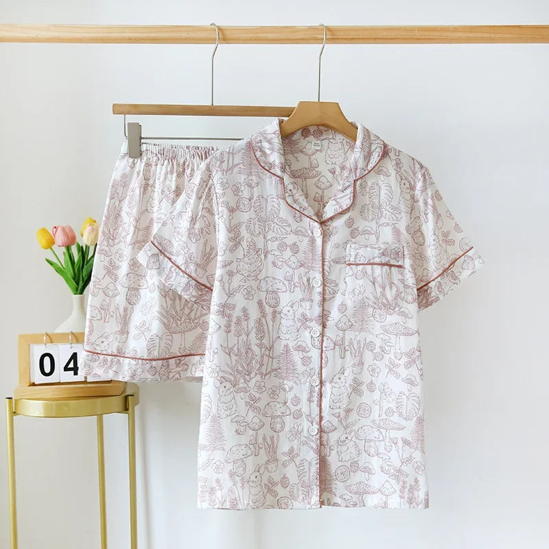 Neue 100% Baumwolle Kurzarm Shorts Damen Pyjama Set niedlichen Cartoon Pyjamas japanische einfache kurze Pyjamas Frauen Nachtwäsche
