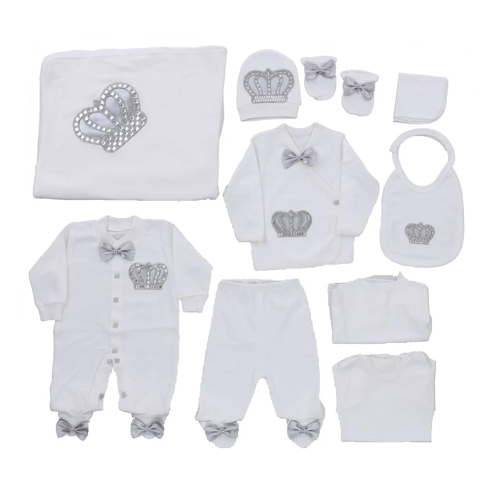 10-teiliges blaues 100 % Baumwollgewebe, gestrickt, Großhandel, individuell gestaltet, Neugeborene, neues Design, Winterkleidung, Kleidung, Luxus-Baby-Strampler-Set