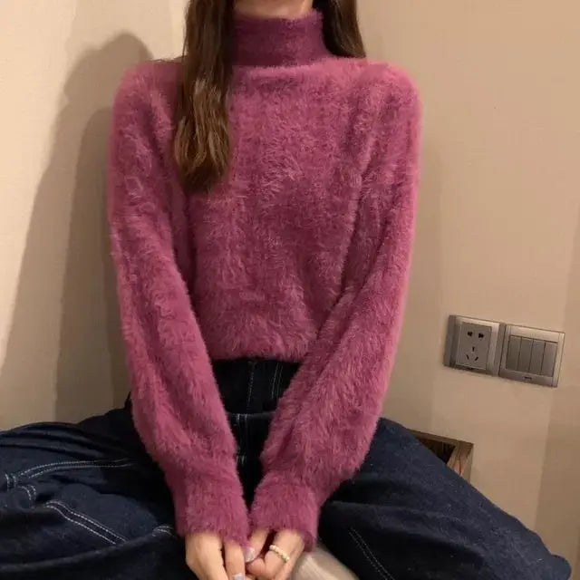 2025 frauen Gestrickte Tops Winter Imitieren Nerz Wolle Heißer Fleece Weibliche Rollkragen Elastische Beiläufige Pullover Weiche Warme Pullover