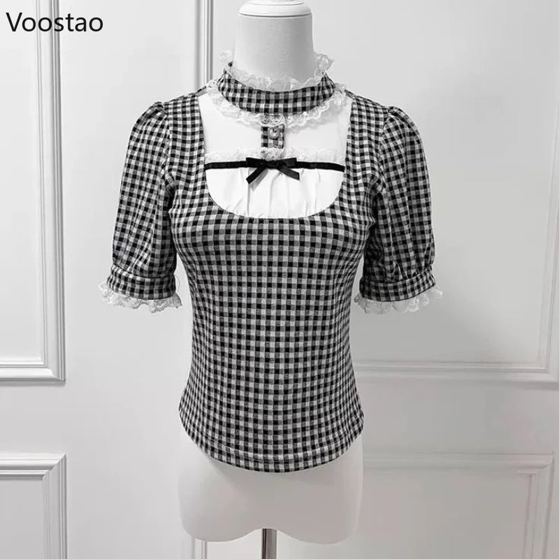 Japanese Gothic Lolita Style Shirts Women Vintage Sweet Y2k Lace Ruffles Short Sleeve Plaid Blouses Jirai Kei Girls Casual Tops.