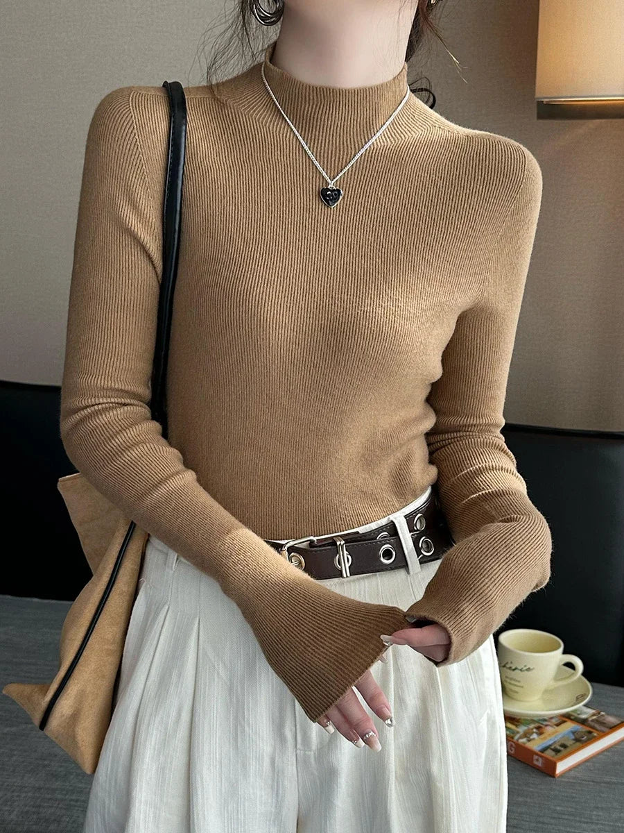 Herbst Winter Pullover Pullover Bodenbildung Shirt Frauen Gestrickte Shirts Weibliche Lange Hülse Mock Neck Elastische Dünne Pullover Stricken Tops