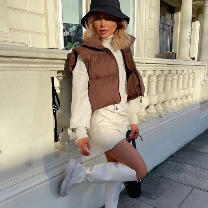 Herbst und Winter Damen kurze Baumwolle Daunenweste kurze Stehkragen warme ärmellose Steppweste Outdoor-Reisejacke Tops