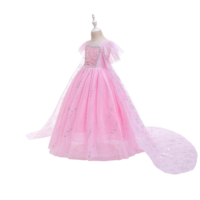 Mädchen rosa Pailletten Mesh Prinzessin Kleid, Mesh kurze Ärmel, mit Umhang, geeignet für Party, Tanz, Performance, Karnevals kleid