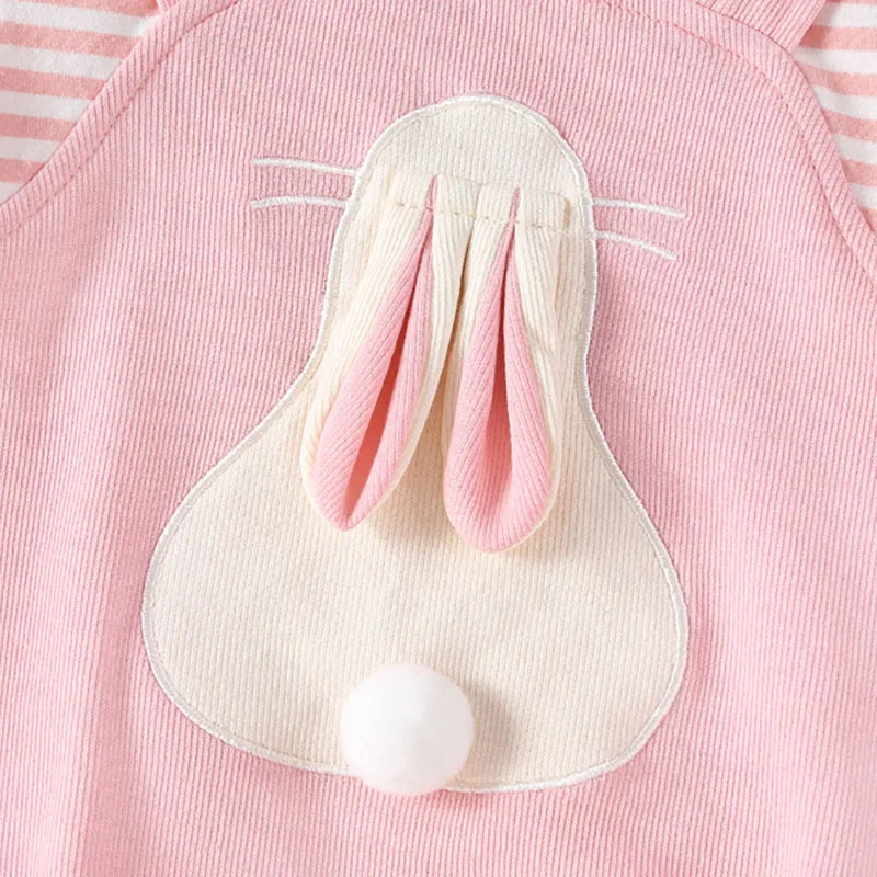 2024 Sommer Baby Mädchen Kleidung niedlichen Hasen falsch zweiteiligen Bodysuit Kleinkind Streifen Patchwork einteilige Kleidung