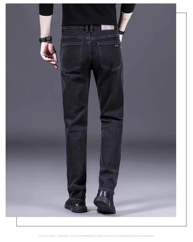 High-End Men's Fleece-Lined Thick Stretchy Straight Leg Jeans 2025 New Style Loose Fit Smoke Grey Trousers for Men