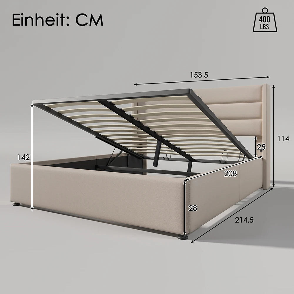 KOMHTOM Stauraumbett Polsterbett Hydraulisch 140x200cm Beige Leinen