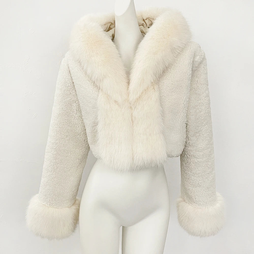 OFTBUY Lammwolle Weibliche Herbst Warme Dicke Faux Pelz Jacke Künstliche Winter Kleidung Frauen Mit Kapuze Kurze Pelzmantel Umweltfreundliche