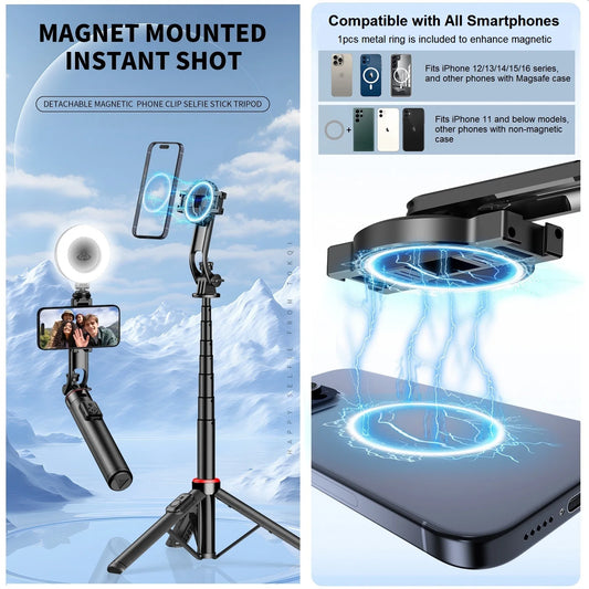 Magnetic Selfie Stick Tripod for iPhone, 51" Phone Tripod Stand Compatible with Magsafe Travel Tripod for iPhone Android Phones.