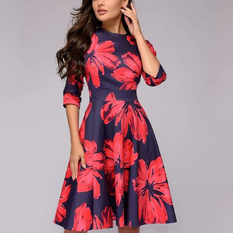 2023 frühling AutumnOffice Dame Knie Länge Elegante Vintage Langarm Party Kleider Frauen Floral Bedruckte Kleid Neue