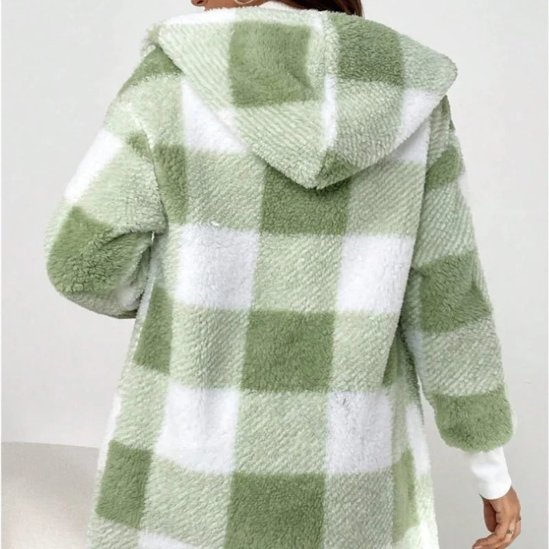 Frauen Herbst Winter Doppel Fleece Plaid Strickjacke Weiche Lose Lange Hülse Plüsch Warme Mit Kapuze Jacke Weibliche Patchwork Oberbekleidung Mantel