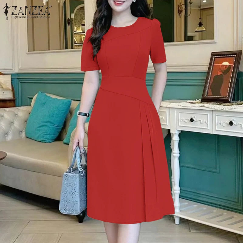 ZANZEA Elegante Büro Frauen Kleider Sommer Stilvolle Solide Party Arbeit Kleid Mode Kurzarm Plissee Vestidos Midi Sommerkleid