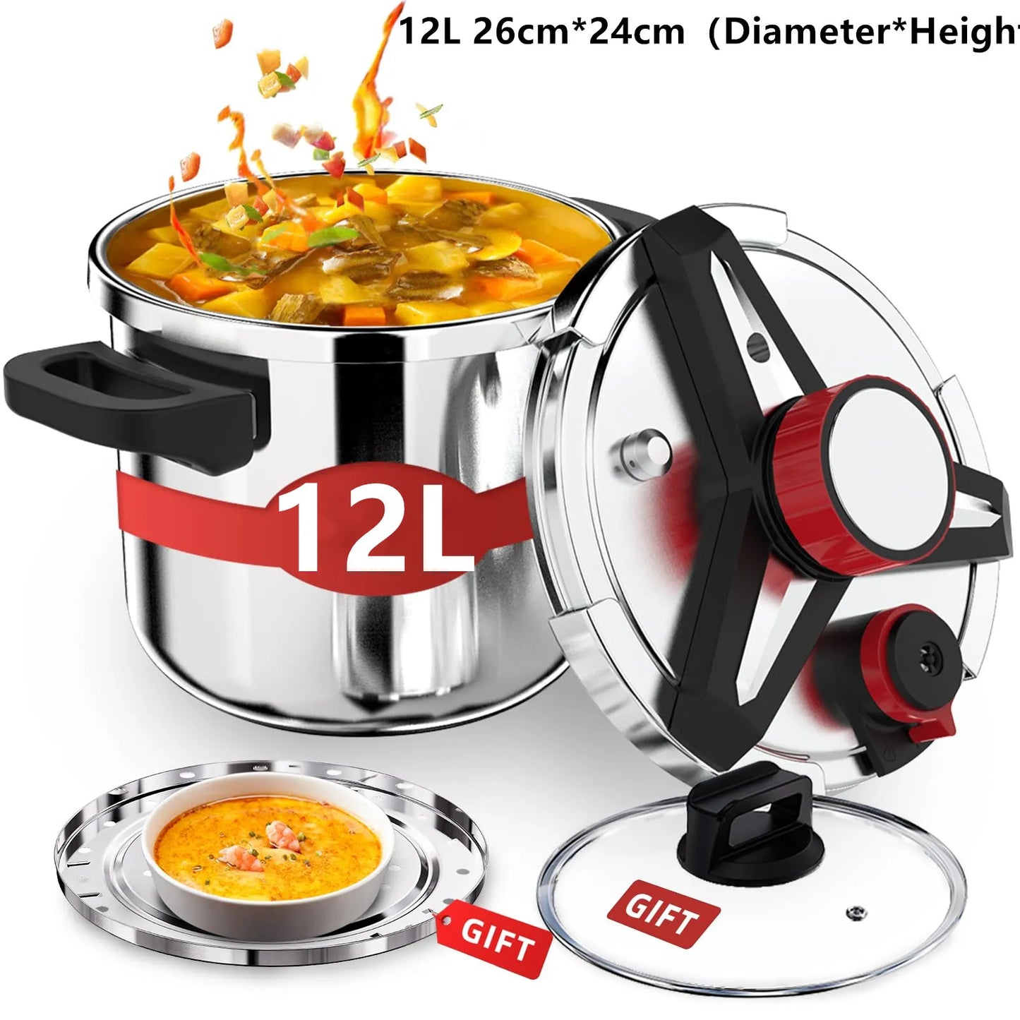 KITCHJOY 3in1 Stainless Steel Pressure Cooker 6L 8L 10L 12L Pressure Canner Induction Compatible Glass Lid Steamer Rack Included