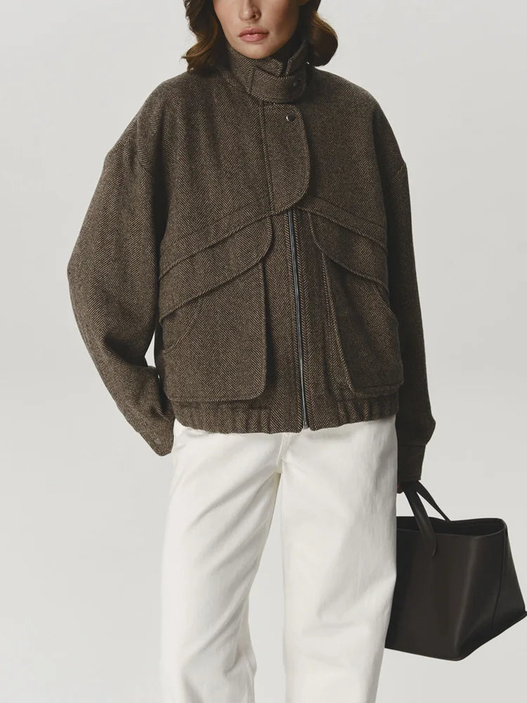 Tossy Autumn Grey Zipper Outwear Jackets Female Solid Loose Patchwork High Waist Cropped Top Coat Streetwear Women's Y2k Jackets