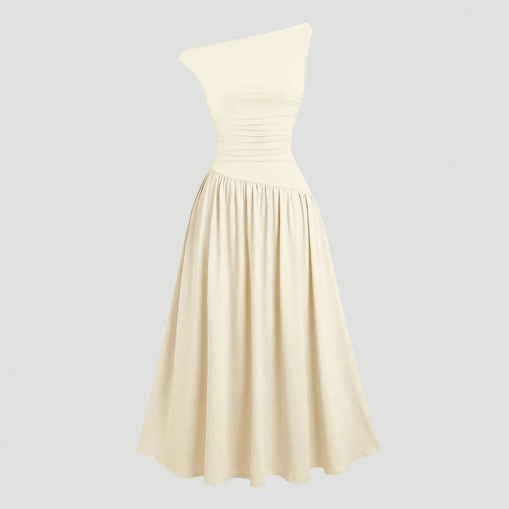 Mia Muse Kleider Sommer Französisch Einfarbig Asymmetrische Falten Ärmellose One-Shoulder Drapierte Midi Basics Kleider Für Frauen