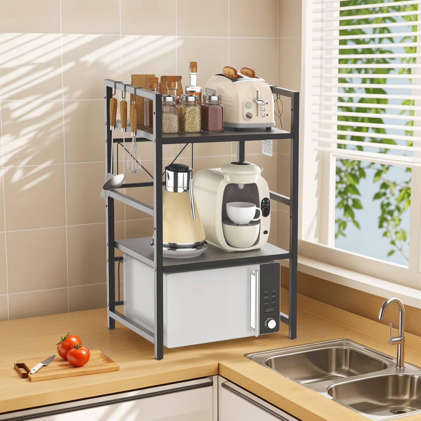 Kitchen Storage Rack Metal Condiment Organizer Shelf Expandable Microwave Shelf Height Adjustable.