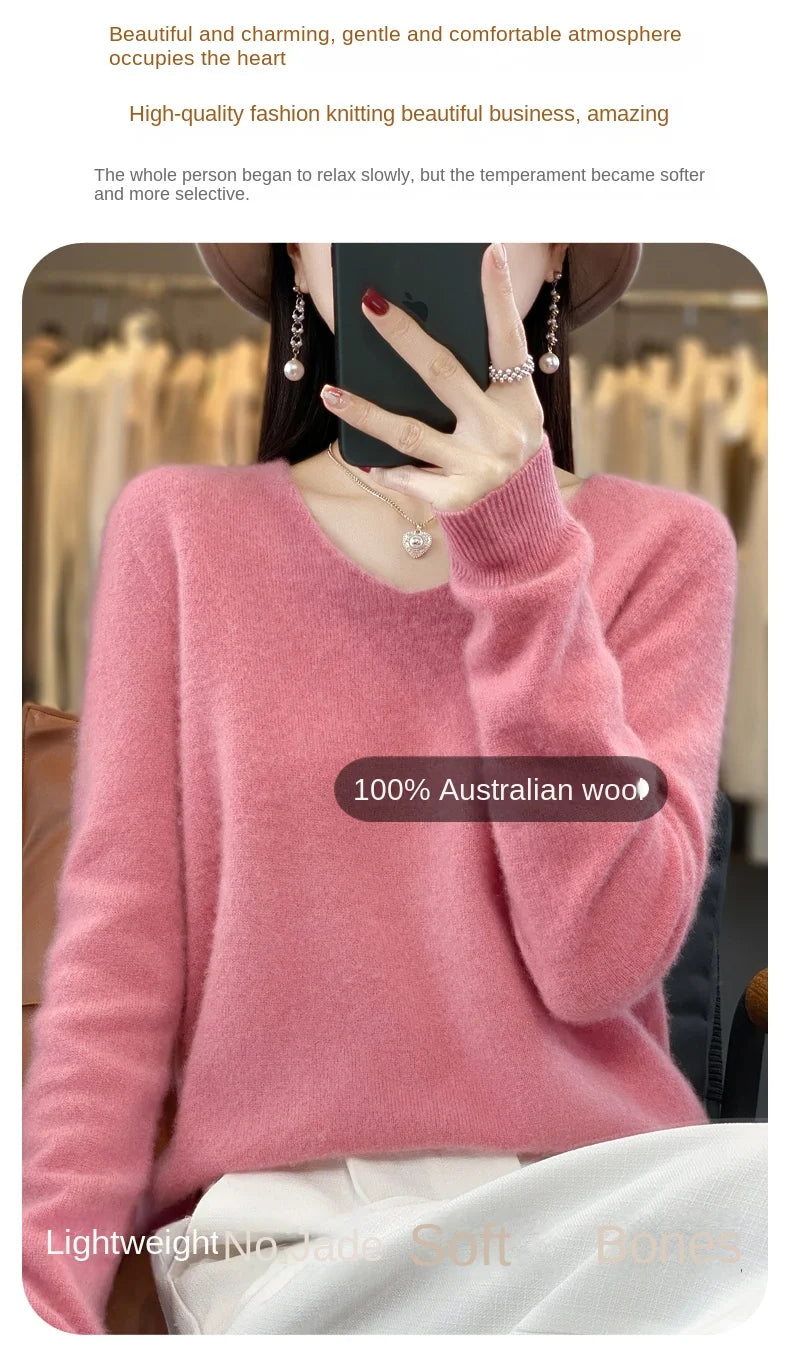 2024 100% Merino Reine Wolle V-ausschnitt Herbst Und Winter Pullover Pullover Neue Kaschmir Pullover frauen Beiläufige Gestrickte Top DMR201