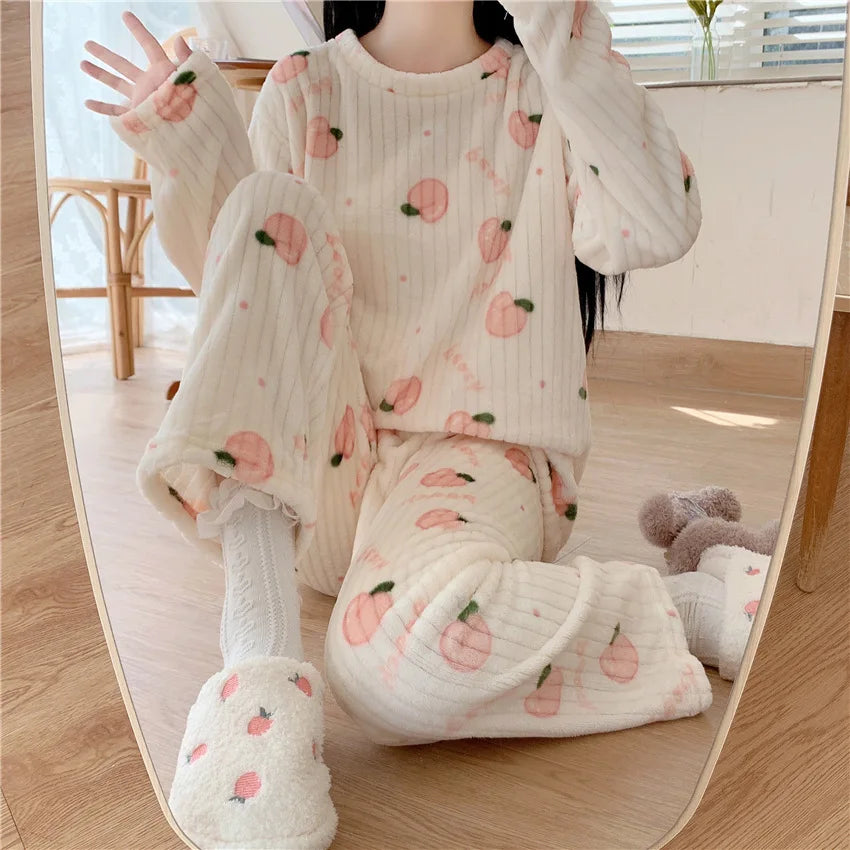 Winter-Damen-Pyjama-Homewear-Anzug, neues warmes Set aus Korallen-Fleece für Herbst und Winter, bequemer warmer Pyjama-Homewear-Anzug