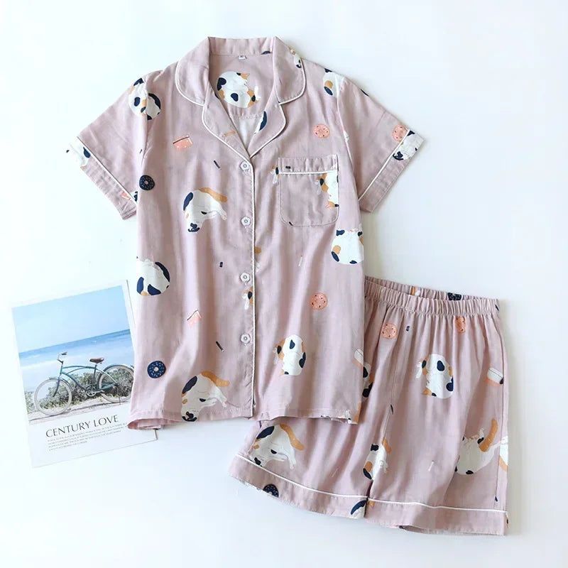 Neue 100% Baumwolle Kurzarm Shorts Damen Pyjama Set niedlichen Cartoon Pyjamas japanische einfache kurze Pyjamas Frauen Nachtwäsche