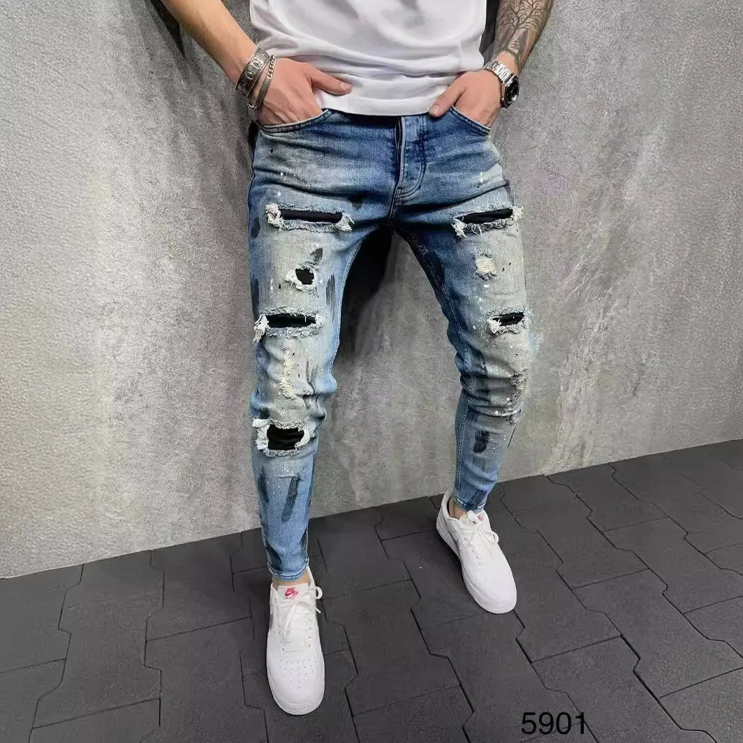 Slim-Fit-Jeans mit zerrissener Knöchelhose für Herren, bemalte Jeans