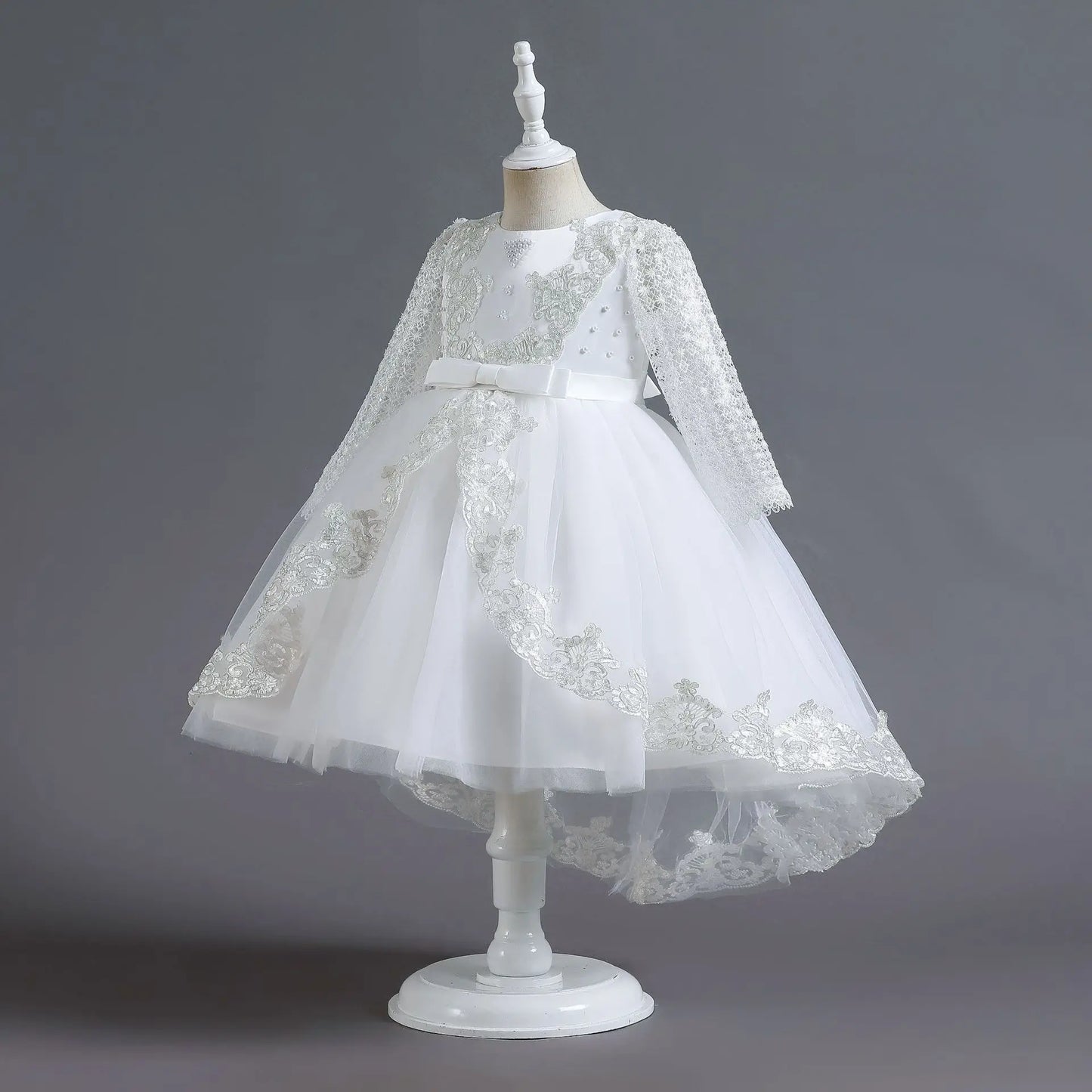 Party-Tüll-Kleider für Mädchen, langärmelig, Spitze, Perlen, nachgestelltes Prinzessinnenkleid für Kinder, Hochzeit, Geburtstag, Performance, Abendkleid