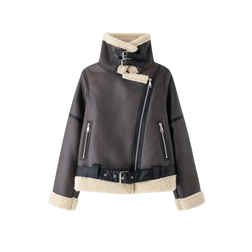TRZA-Damen-Jacke aus dickem, warmem Wildleder mit Gürtel, langärmlige Mäntel, Kunstscheren, weibliche Oberbekleidung, schicke Oberteile, Wintermode